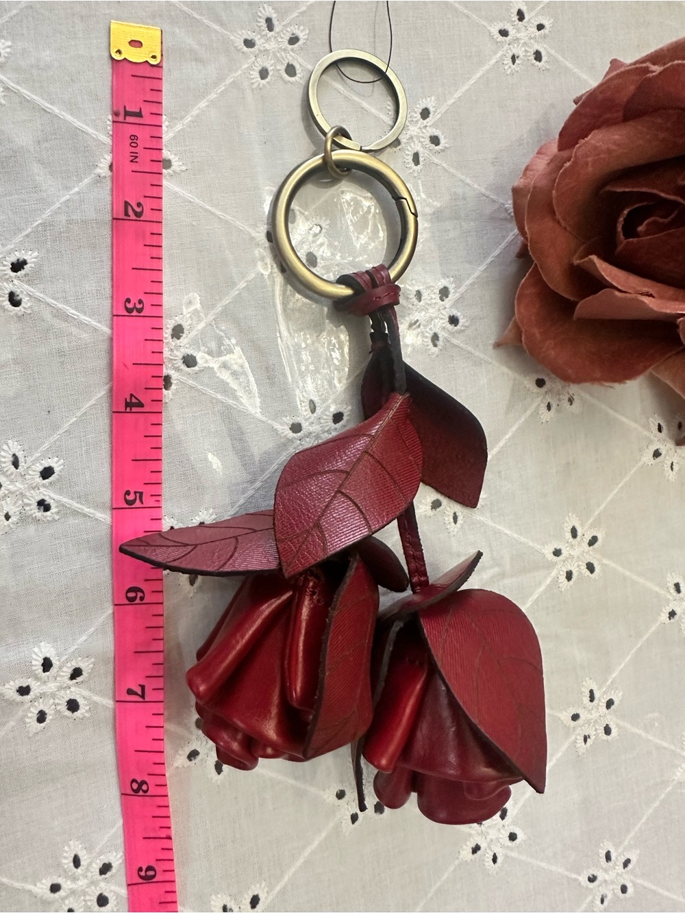 Gorgeous Patricia Nash Red Leather Rose Keychain-Handbag charm - Ruby Red - Picture 4 of 5